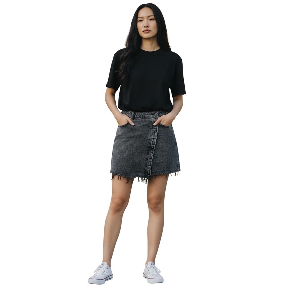 We The Free Free People Black Grey Denim Wrap Mini Skirt Size 27 Asymmetrical